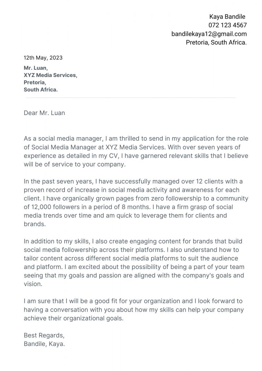 cover letter format in south africa